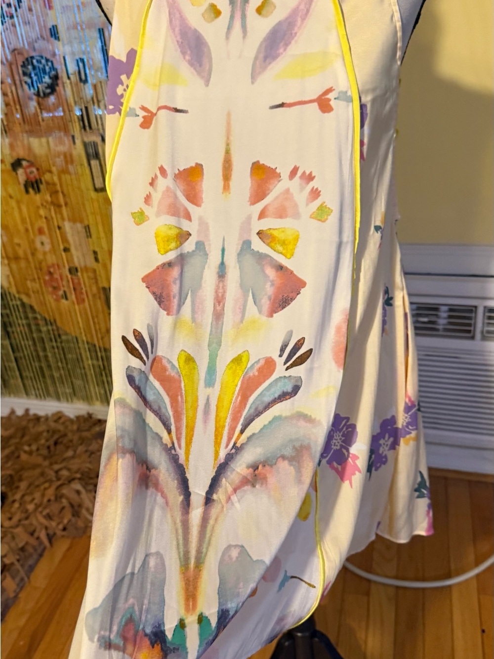 Free People Cream Watercolor-Print Sleeveless Camisole with Yellow Piping